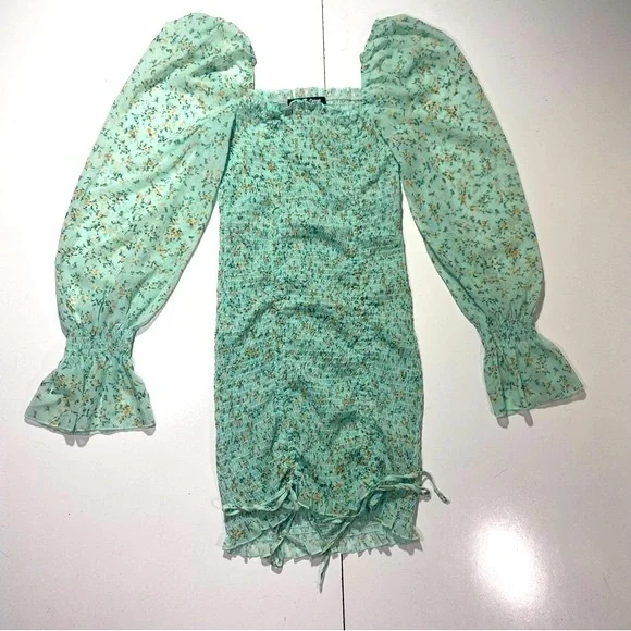 Roll’n Deep Clothing Company BlueishGreen Smocked  Ballon Sleeves Floral Dress L - Picture 2 of 13